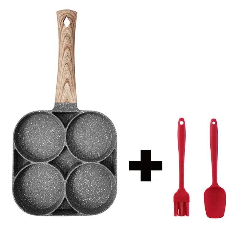 Four-hole non-stick aluminium frying pan with bakelite handle for making omelettes and pancakes