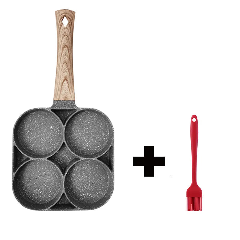 Four-hole non-stick aluminium frying pan with bakelite handle for making omelettes and pancakes