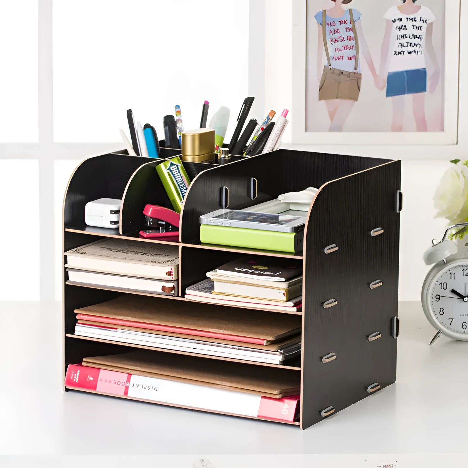 Korean-style wooden desk organiser box with four tiers and sixteen small compartments.