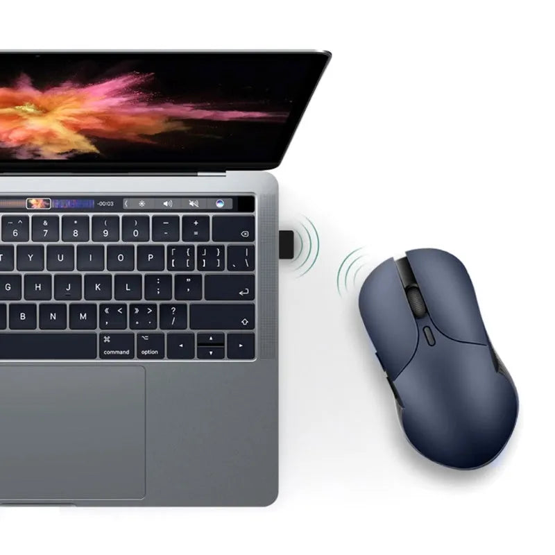Blue ergonomic wireless computer mouse with voice control and translation functions.