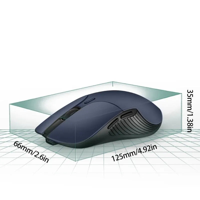 Blue ergonomic wireless computer mouse with voice control and translation functions.