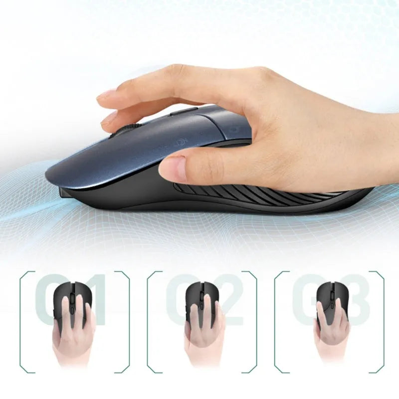 Blue ergonomic wireless computer mouse with voice control and translation functions.