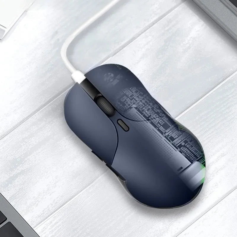 Blue ergonomic wireless computer mouse with voice control and translation functions.