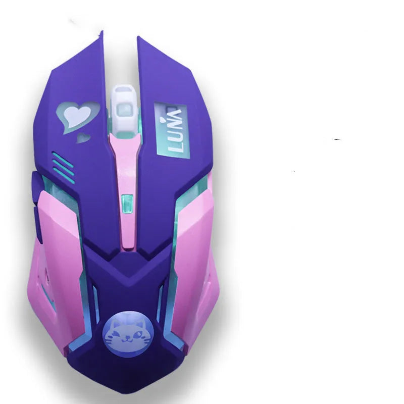 Pink blue wireless mute gaming mouse with 2400 DPI optical sensor for desktop computers