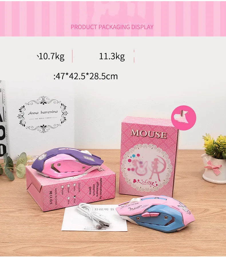 Pink blue wireless mute gaming mouse with 2400 DPI optical sensor for desktop computers