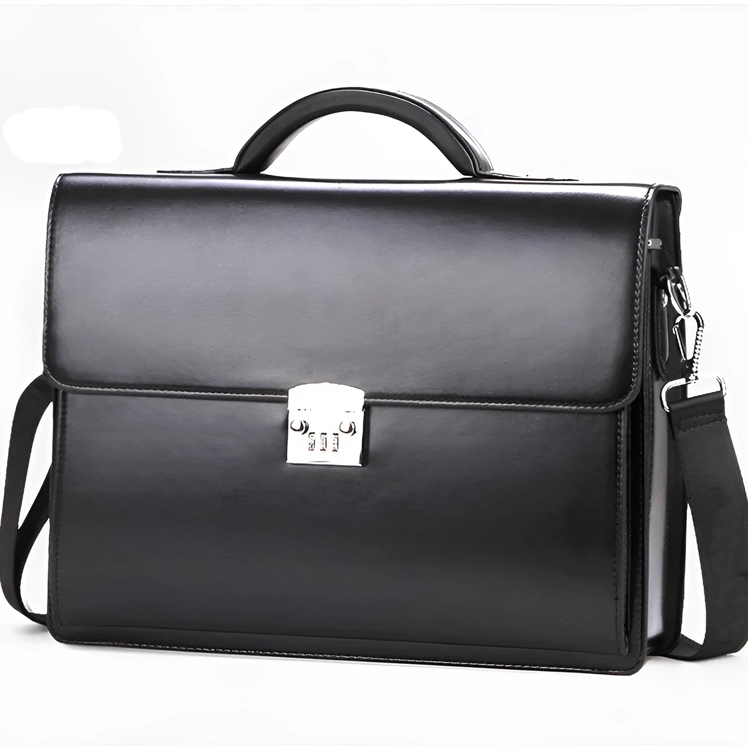 Black horizontal square PU leather men's business briefcase with a zipper opening and carry handle.