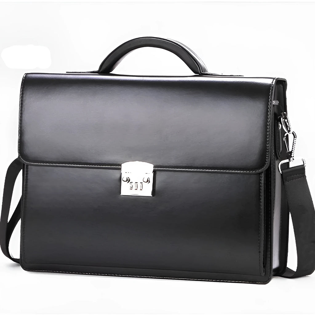 Black and brown men's PU leather business briefcase with shoulder strap and top handle.