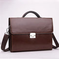 Black or brown men's PU leather business briefcase with horizontal square shape and single strap.