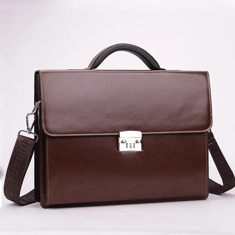 Black horizontal square PU leather men's business briefcase with a zipper opening and carry handle.