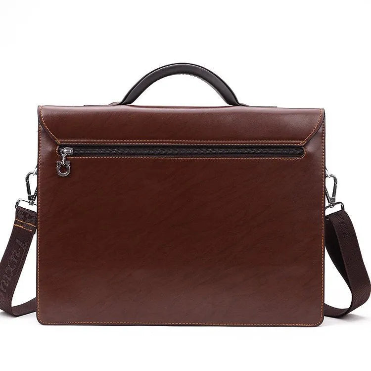 Black horizontal PU leather men's business briefcase with a zipper opening and carry handle