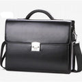 Black and brown men's PU leather business briefcase with shoulder strap and top handle.