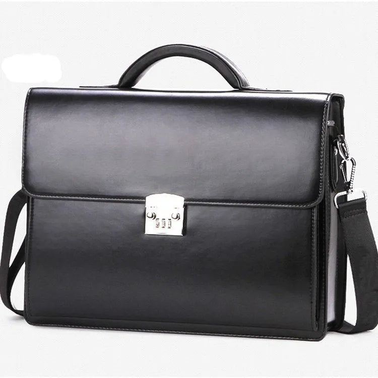 Black men's PU leather business briefcase with top handle and zipper opening.