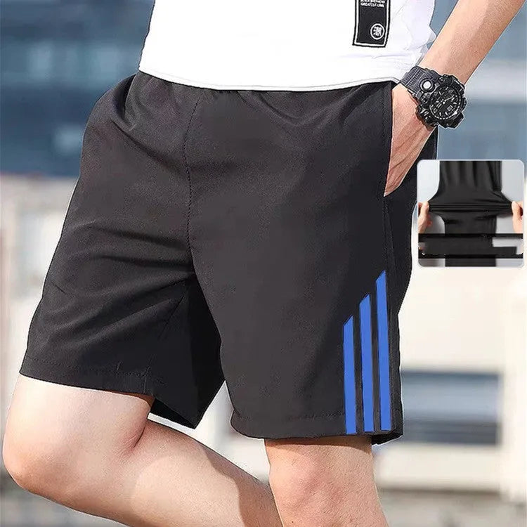 Men's three-bar sports shorts in cotton with geometric pattern, available in white blue green and red colours