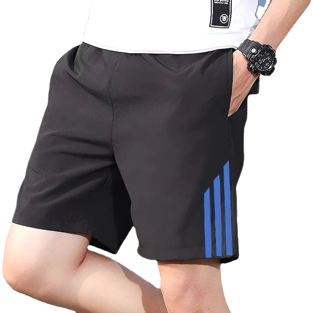 Men's three-bar sports shorts in cotton with geometric pattern, available in white blue green and red colours