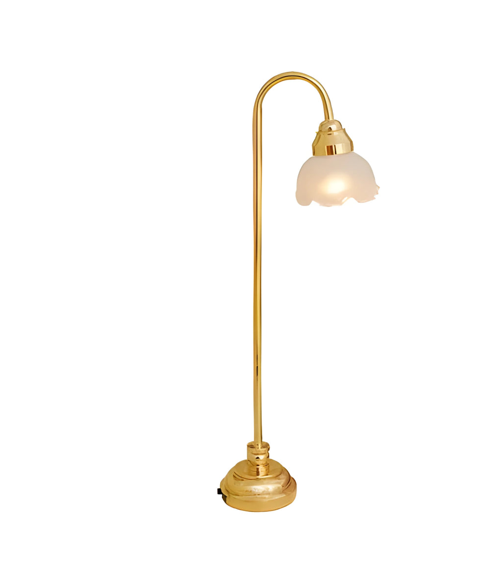 Miniature flower shade LED floor lamp for dollhouse displays with glass and metal construction
