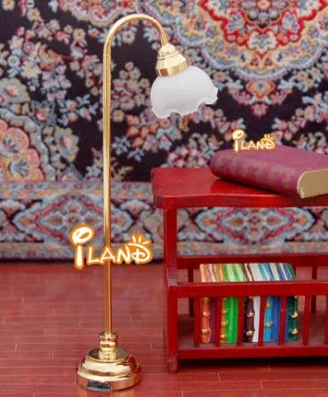 Miniature flower shade LED floor lamp for dollhouse displays with glass and metal construction