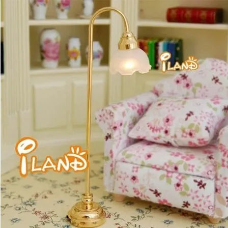 Miniature flower shade LED floor lamp for dollhouse displays with glass and metal construction