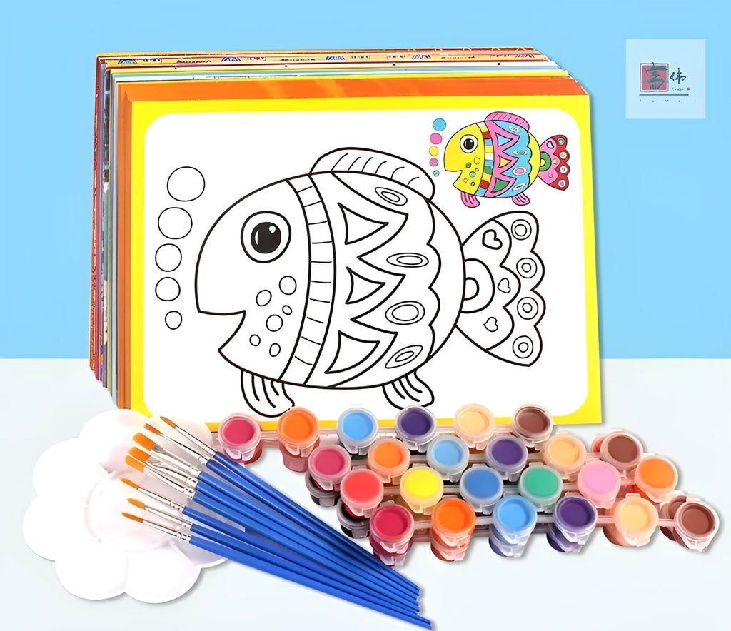 Children's one-time use gouache painting drawing board kit with sketchpad, paint pots, and brushes.