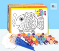 Children's one-time use gouache painting drawing board kit with sketchpad, paint pots, and brushes.