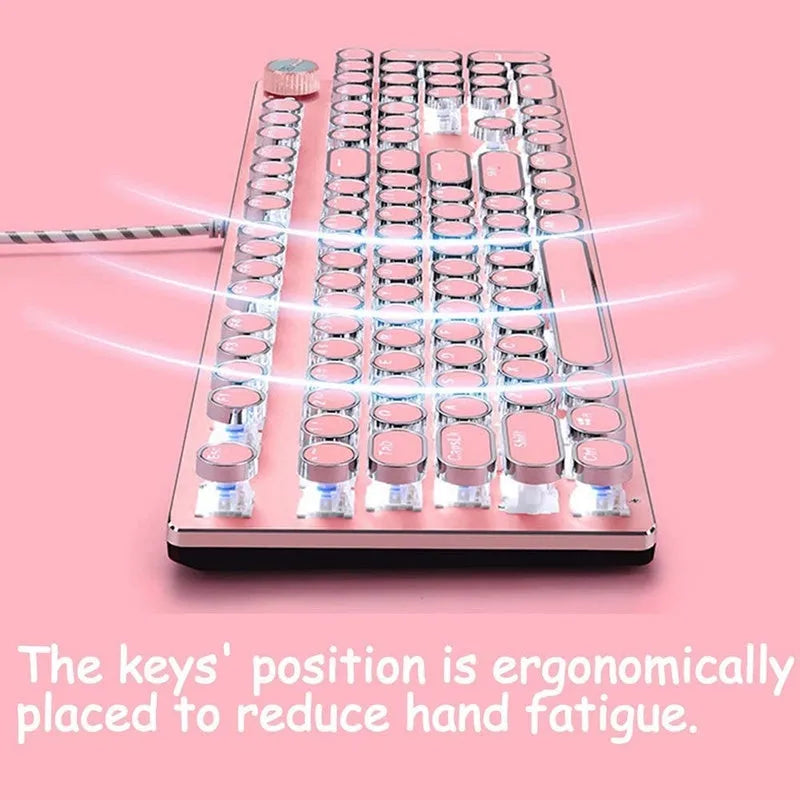 Queen Lipstick mechanical keyboard with green switches, white backlight, silver base, and pink accents on a desk