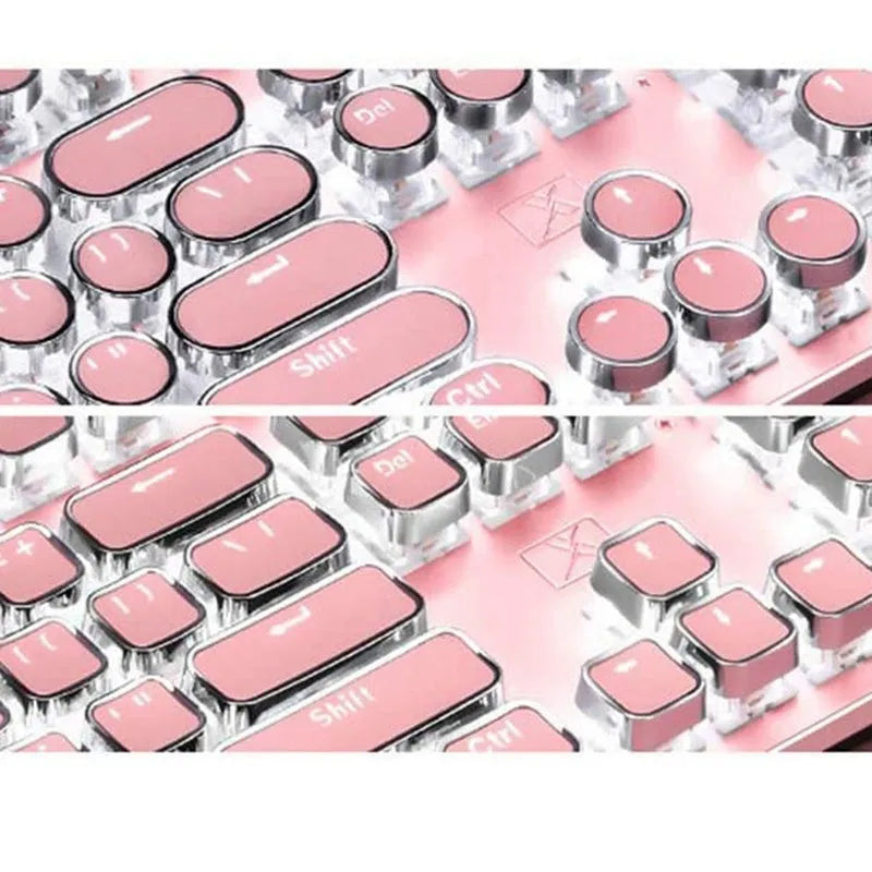 Queen Lipstick mechanical keyboard with green switches, white backlight, silver base, and pink accents on a desk