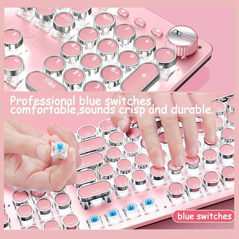 Queen Lipstick mechanical keyboard with green switches, white backlight, silver base, and pink accents on a desk