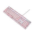 Queen Lipstick mechanical keyboard with green switches, white backlight, silver base, and pink accents on a desk