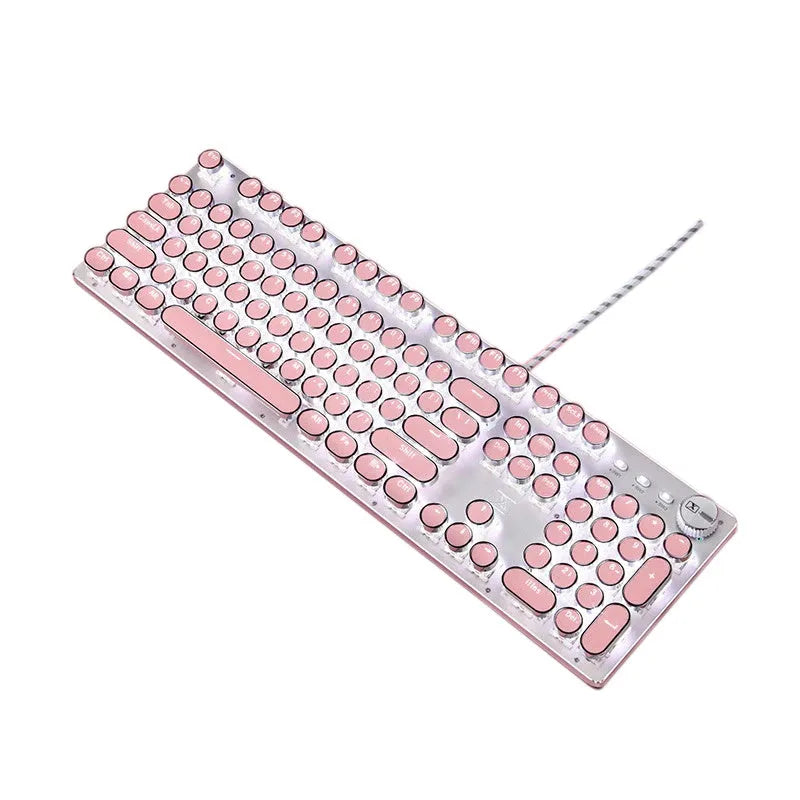 Queen Lipstick mechanical keyboard with green switches, white backlight, silver base, and pink accents on a desk