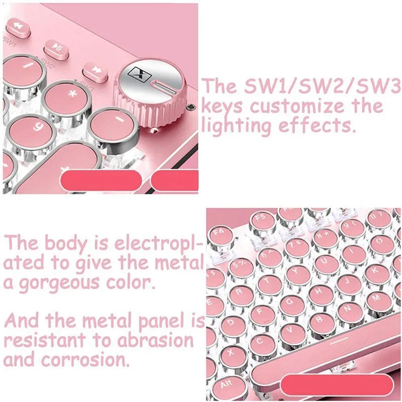 Queen Lipstick mechanical keyboard with green switches, white backlight, silver base, and pink accents on a desk