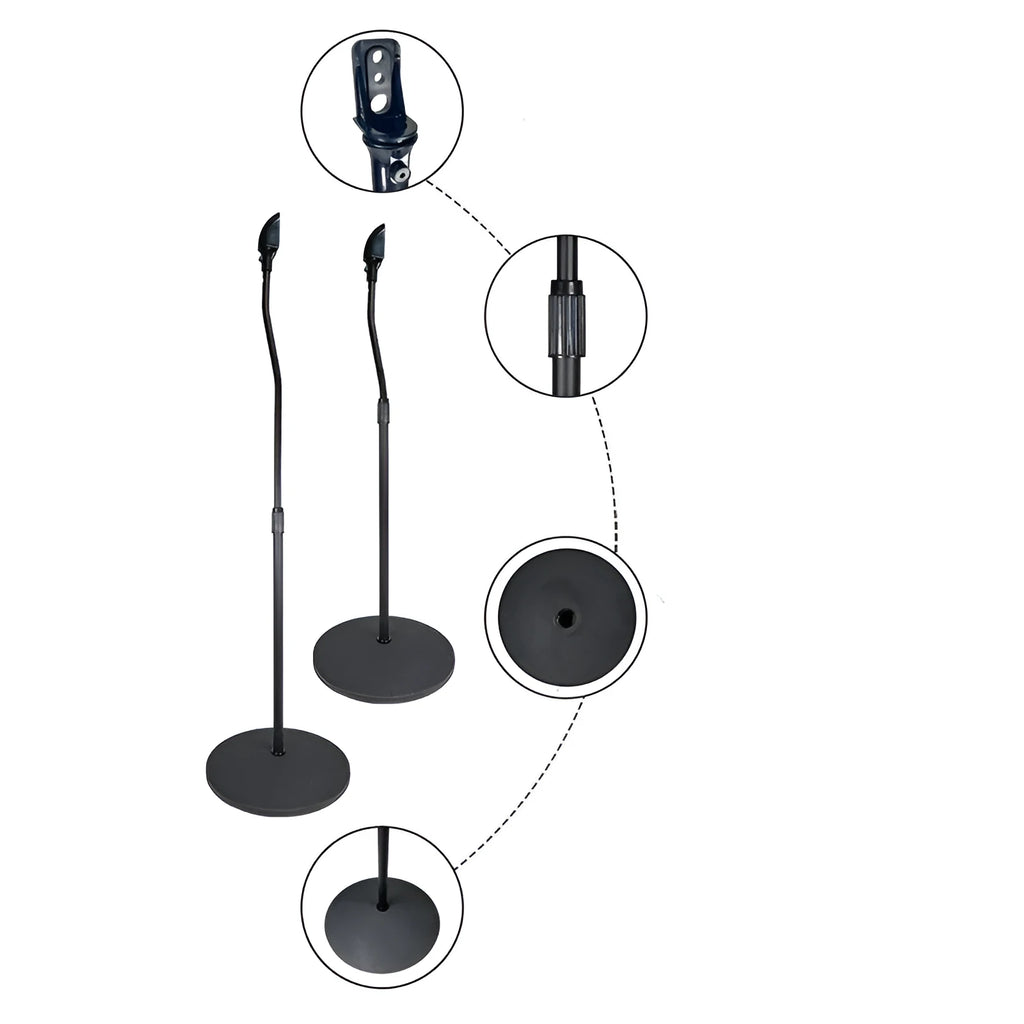 Black tripod speaker stand with universal hanger mount for bookshelf speakers on a wooden floor.
