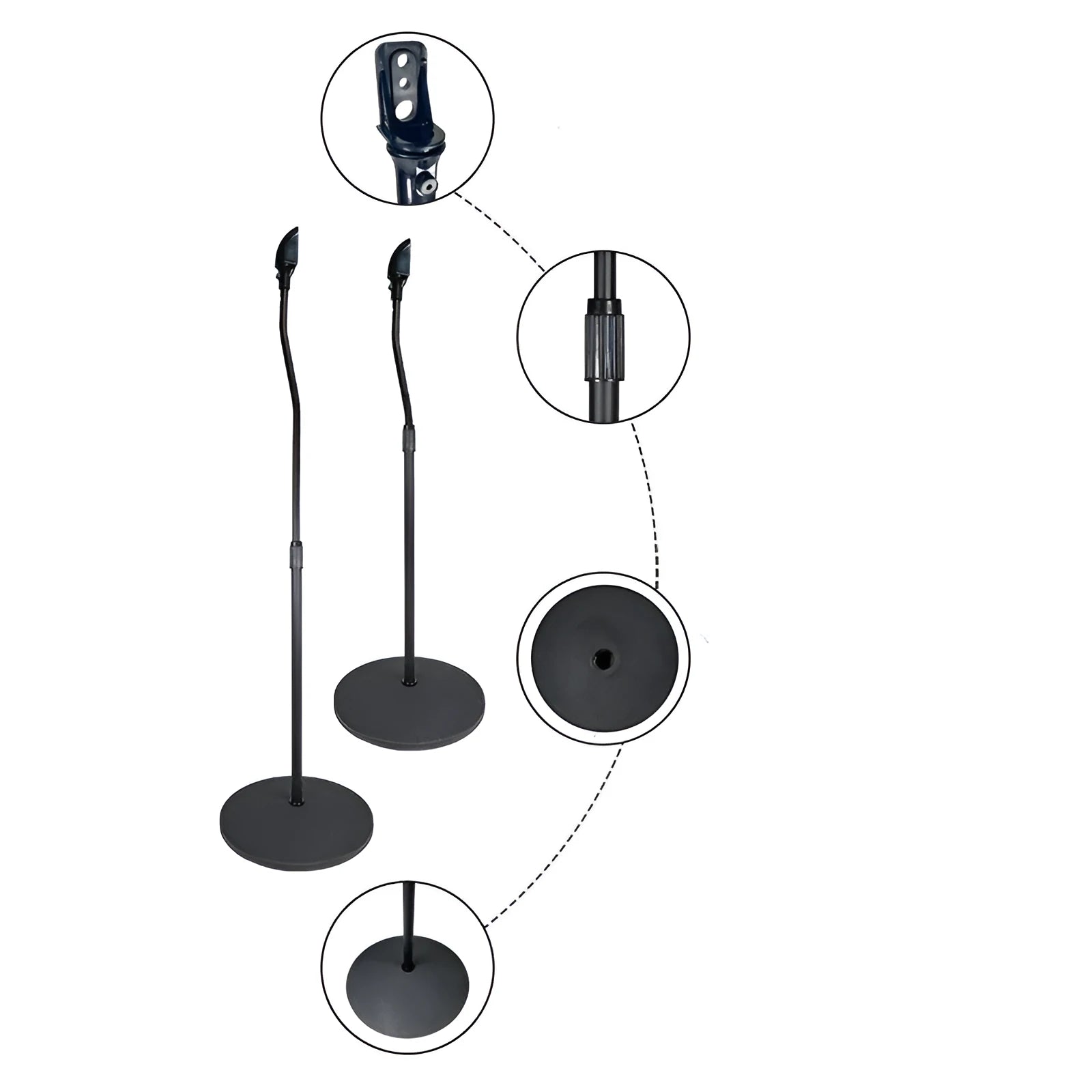 Black tripod speaker stand with universal hanger mount for bookshelf speakers on a wooden floor.