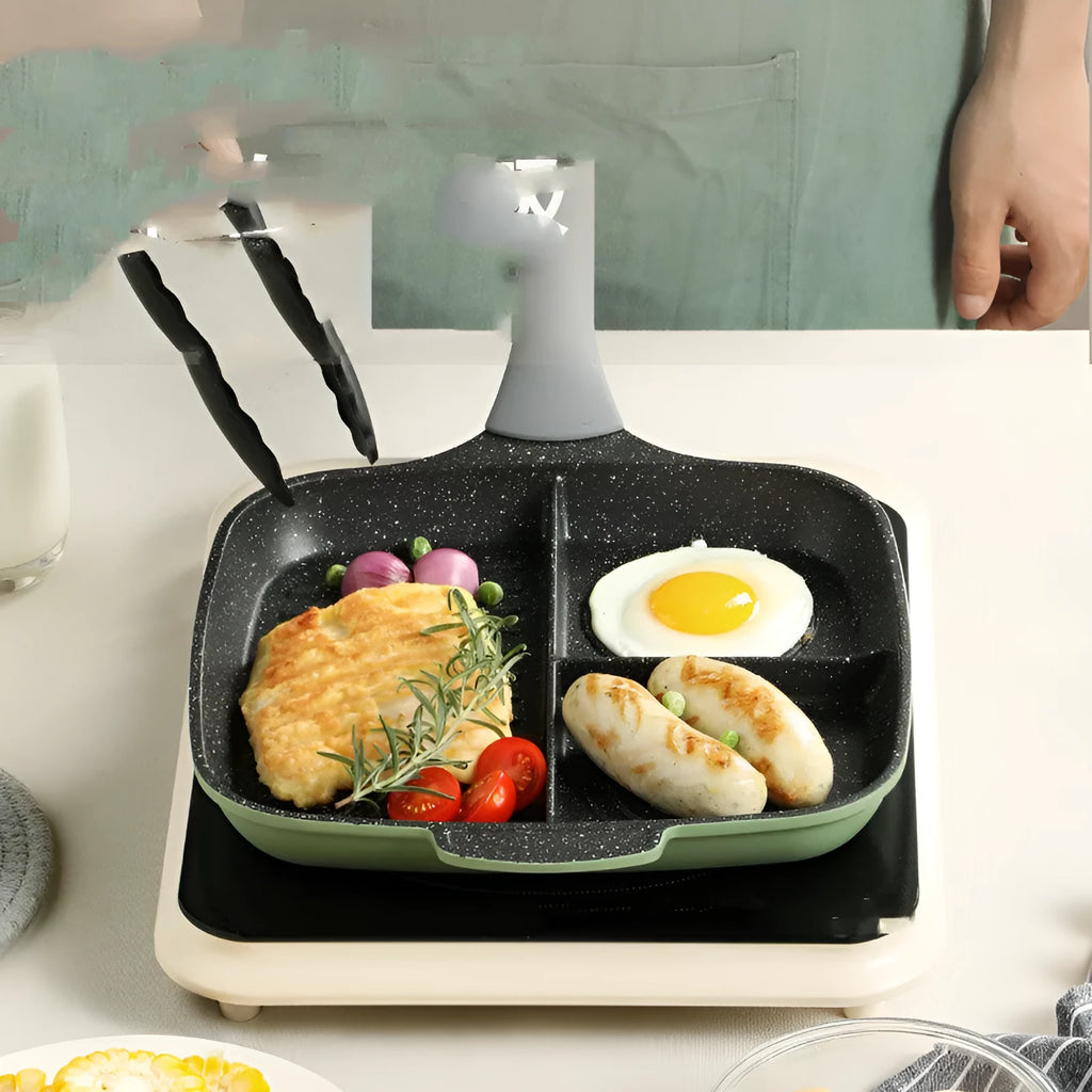 26cm green non-stick breakfast frying pan with bamboo handle on a hob