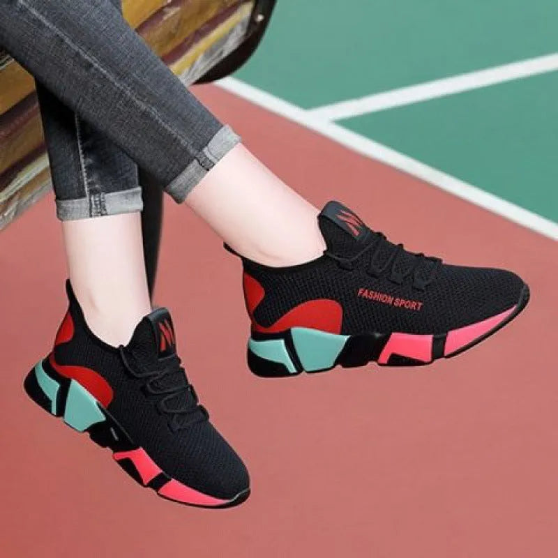 Women's breathable lace-up platform sports shoes wedge heel colour-block design purple red autumn