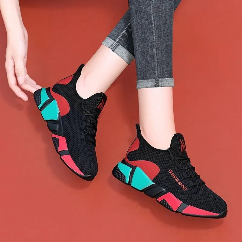 Women's breathable lace-up platform sports shoes wedge heel colour-block design purple red autumn
