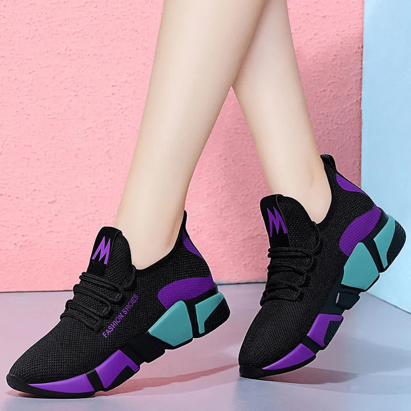 Women's breathable lace-up platform sports shoes wedge heel colour-block design purple red autumn