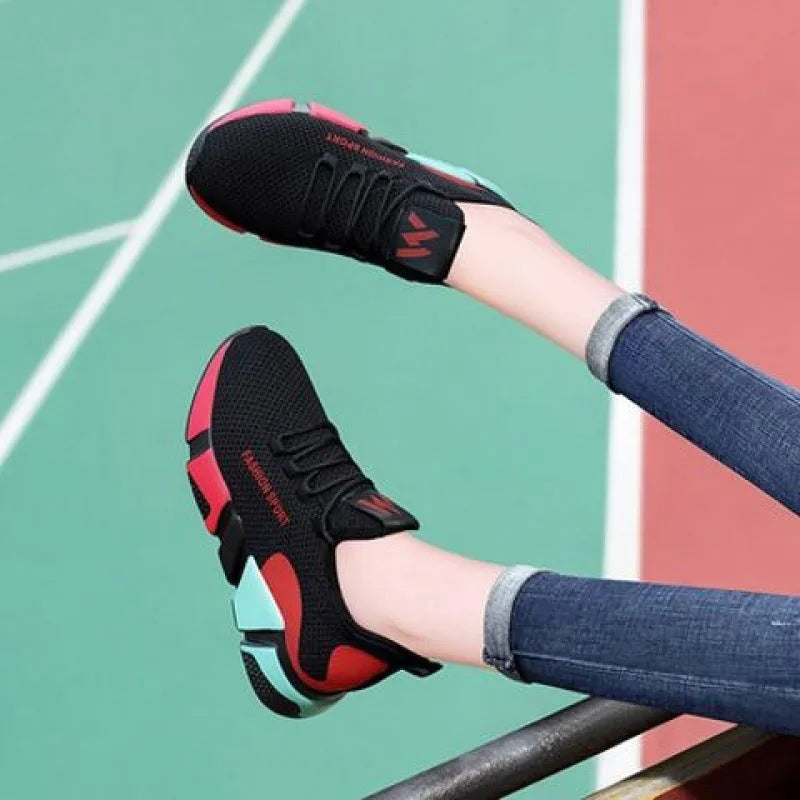Women's breathable lace-up platform sports shoes wedge heel colour-block design purple red autumn