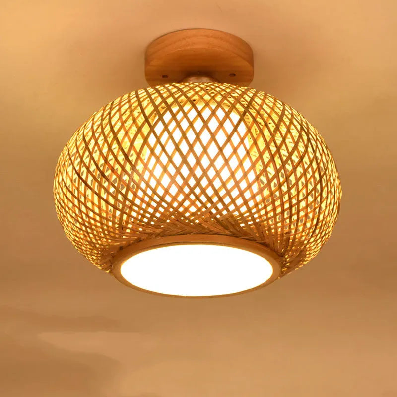 Hand-woven wooden ceiling lamp yellow finish, 30x22cm, with wooden shade and PVC accent, single light source.