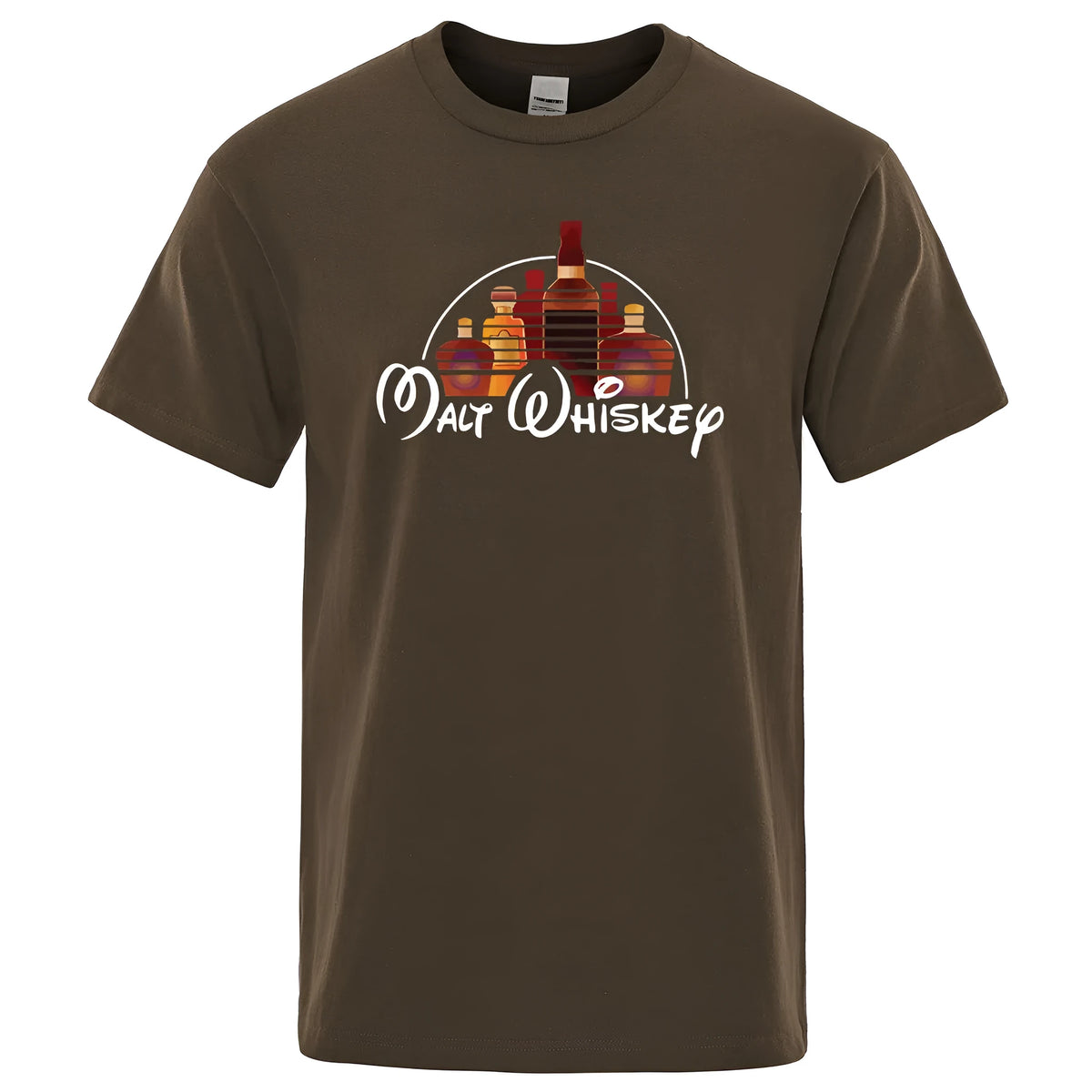 Men's short sleeve t-shirt with malt whiskey print, extra wide fit, shown in blue, brown, dark green, green, navy blue and orange