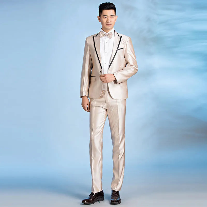 Slim fit men's wedding groom suit in black, single-breasted flat collar, fusible lining craft