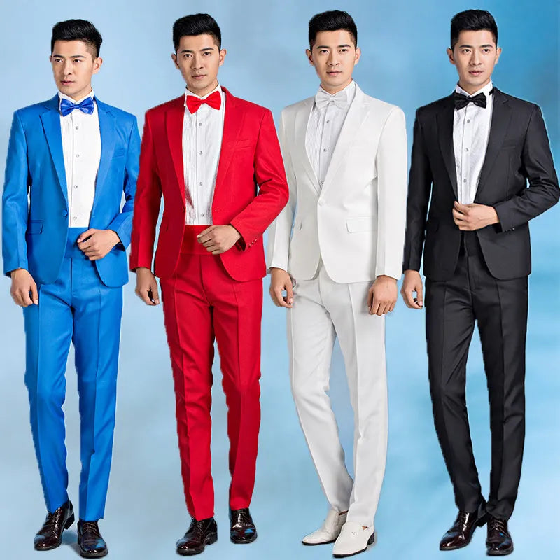 Slim fit men's wedding groom suit in black, single-breasted flat collar, fusible lining craft
