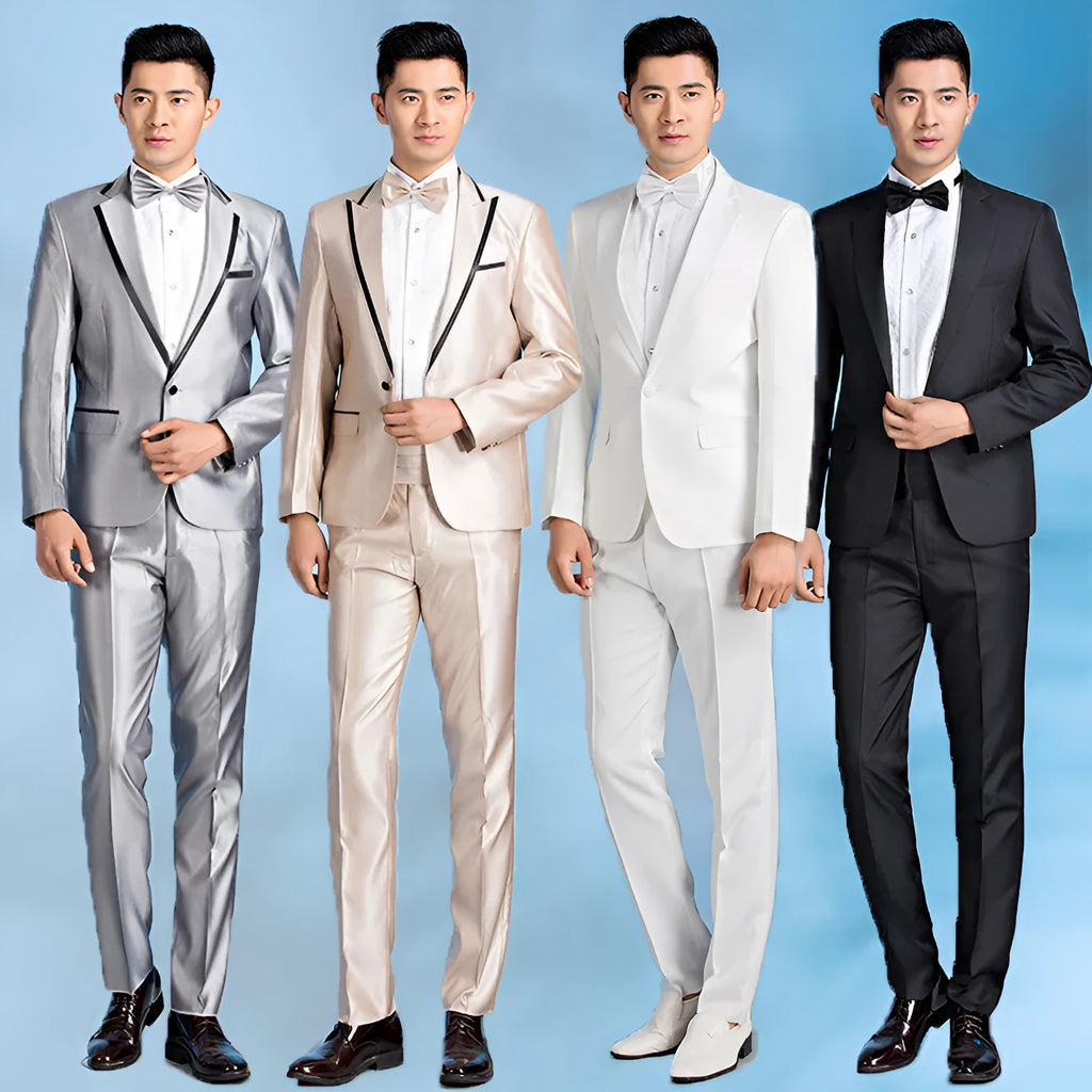 Slim fit men's wedding groom suit in black, single-breasted flat collar, fusible lining craft