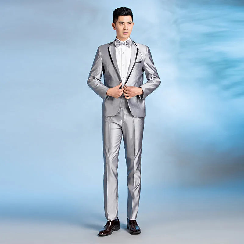 Slim fit men's wedding groom suit in black, single-breasted flat collar, fusible lining craft