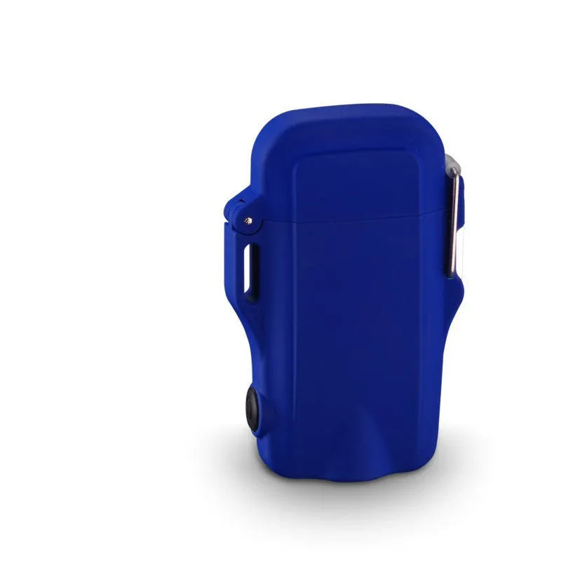 Waterproof double USB charging power bank with built-in flashlight in camouflage, black, red, blue, and orange colours