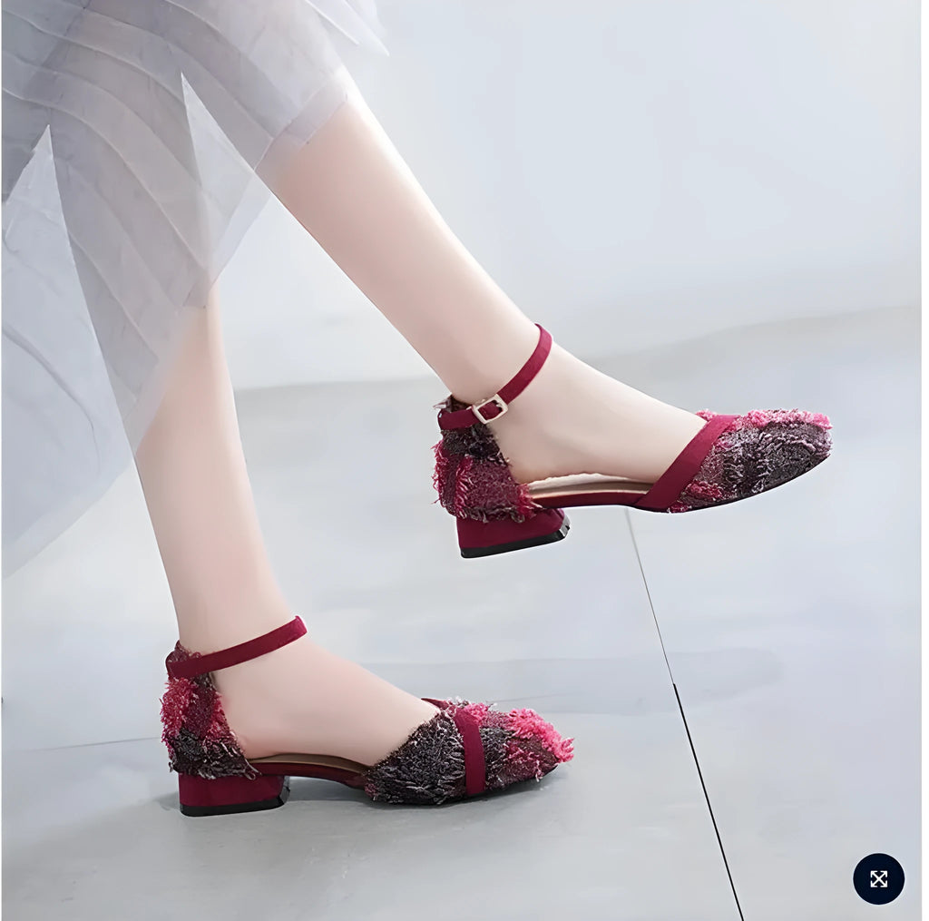 Women's apricot suede D'Orsay flats with an ankle strap and a 3cm low heel on a plain background.