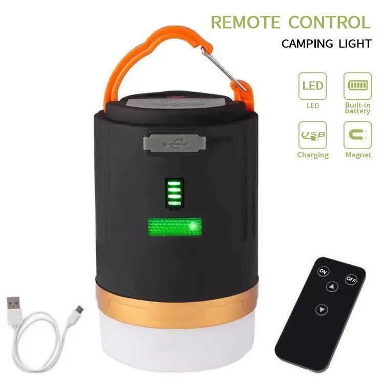 Black remote-controlled emergency camping light with LED bulbs for outdoor use