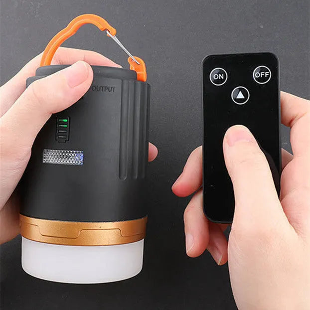 Black remote-controlled emergency camping light with LED bulbs for outdoor use