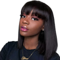 Black human hair full machine wig in 10-inch short to medium length on a headgear