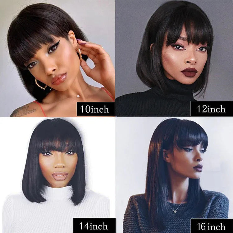 Black human hair full machine wig in 10-inch short to medium length on a headgear