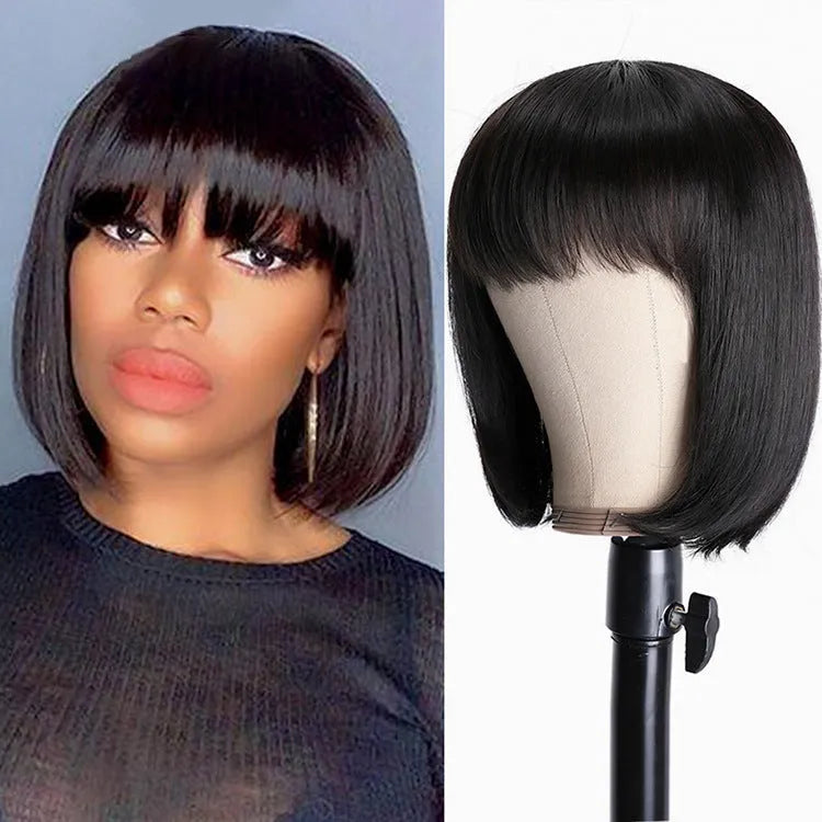 Black human hair full machine wig in 10-inch short to medium length on a headgear