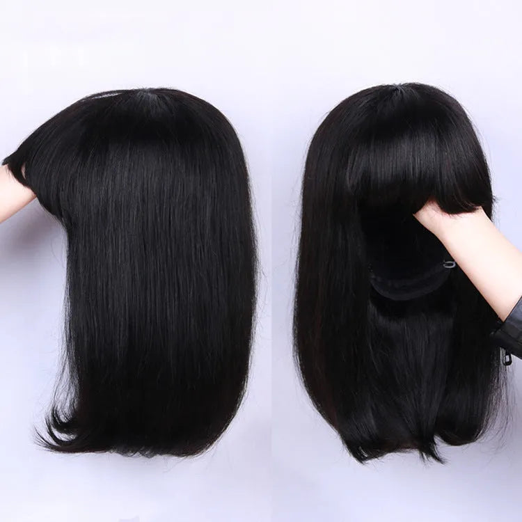 Black human hair full machine wig in 10-inch short to medium length on a headgear